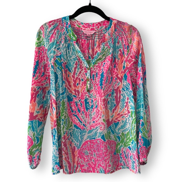Lilly Pulitzer Tops - Lilly Pulitzer Pink Blue Tropical Print 100% Silk Long Sleeve Blouse